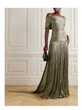 Marmar Halim Off-Shoulder Metallic Pleated Evening Dress